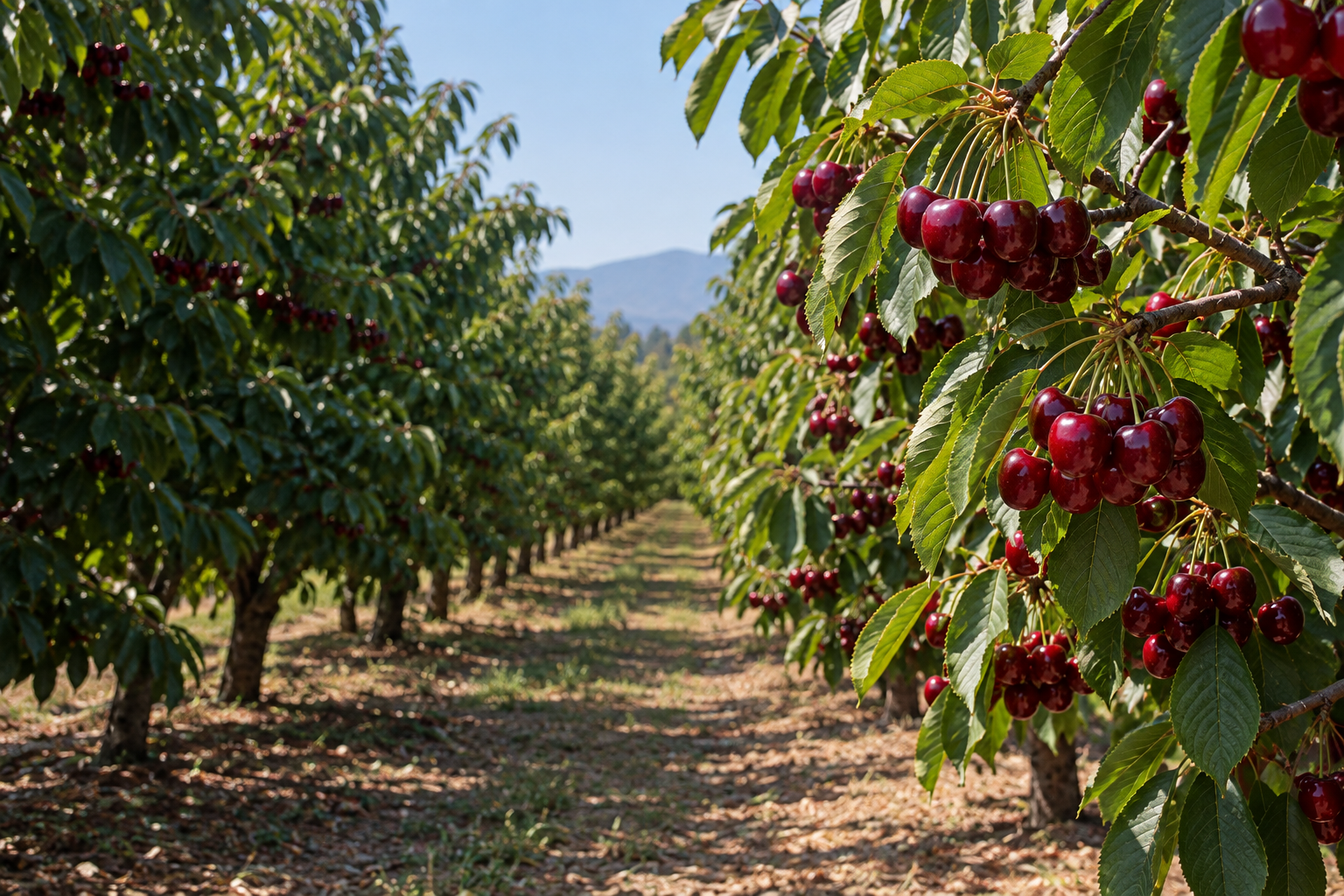 Huerto de cerezos con fruta en los árboles